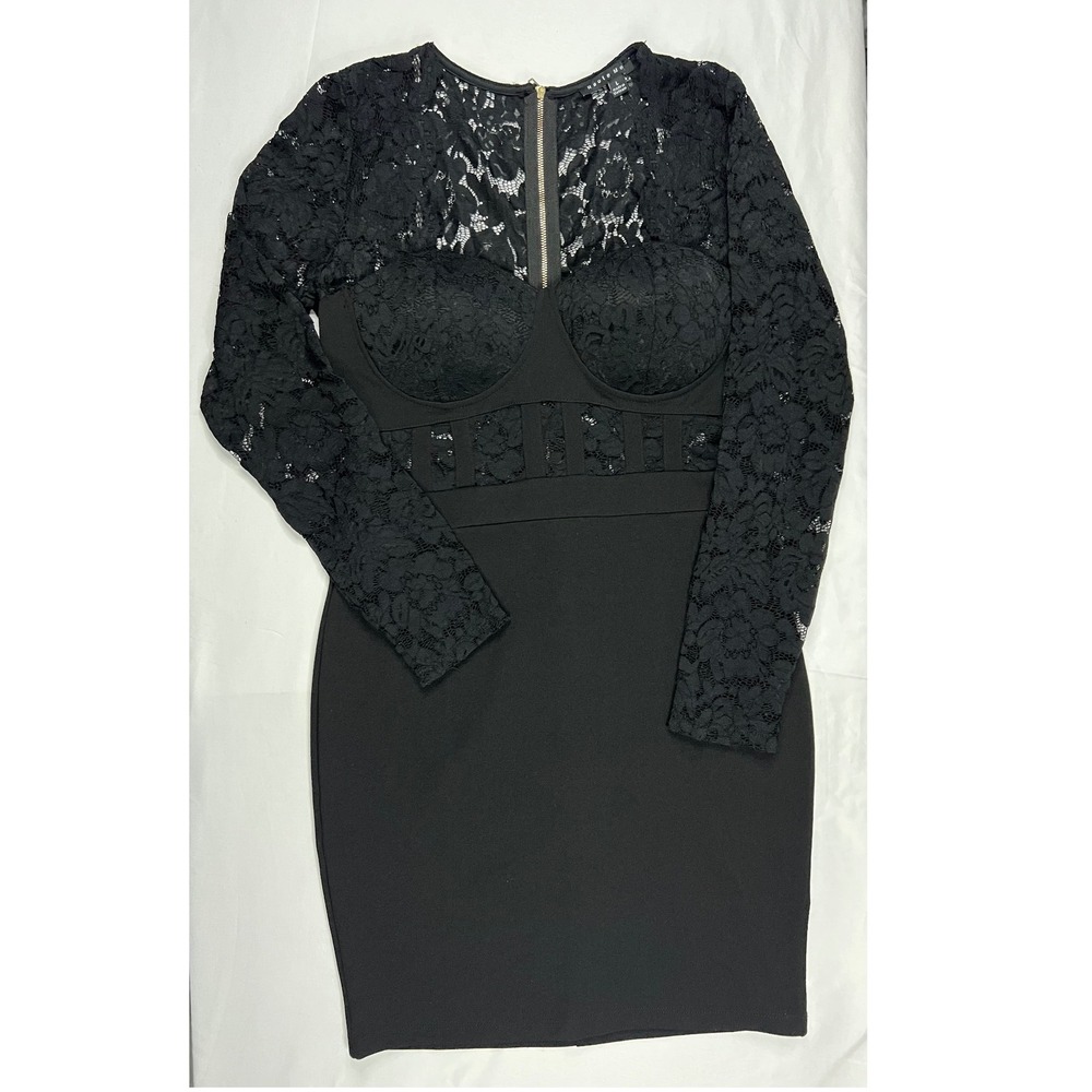 Haute Monde Black Lace Long Sleeve Bustier Bodycon Dress HMD12191 L